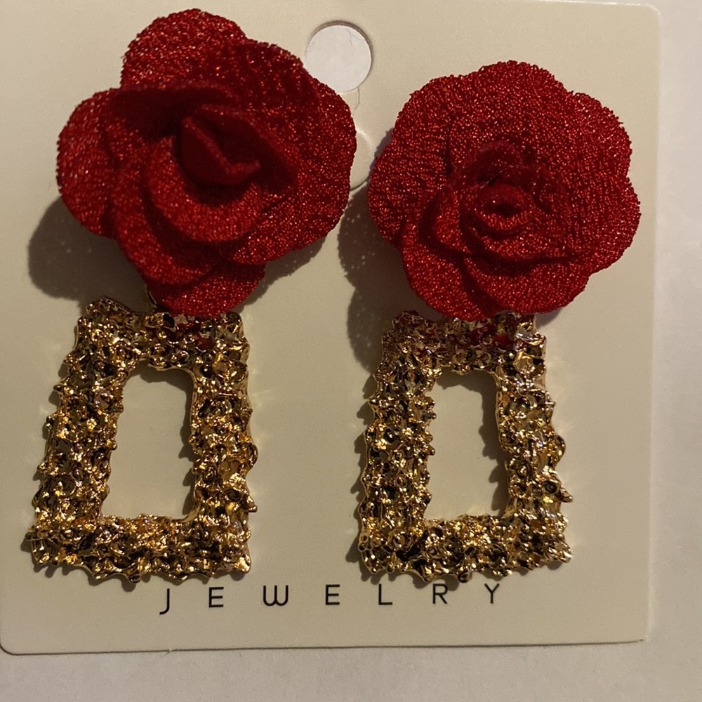 ✨❤️ Statement Rainbow Floral Drop Earrings | Gold Textured Rectangle Dangle 💛✨ - Picture 5 of 16